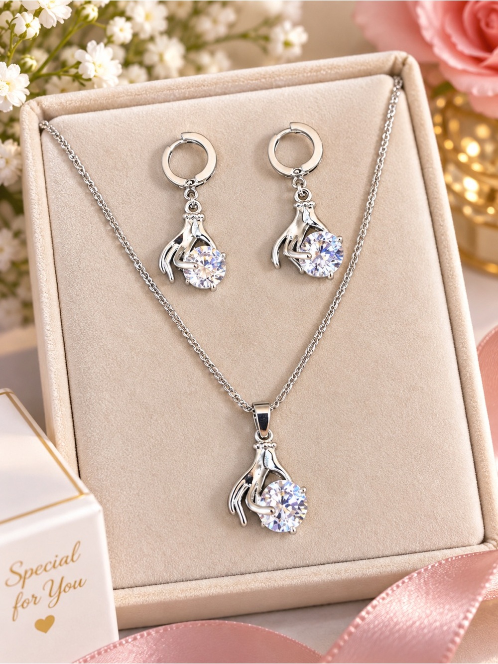 Stainless steel Silver hand  Necklace & Earrings Set - Elegant Women AAA CZ